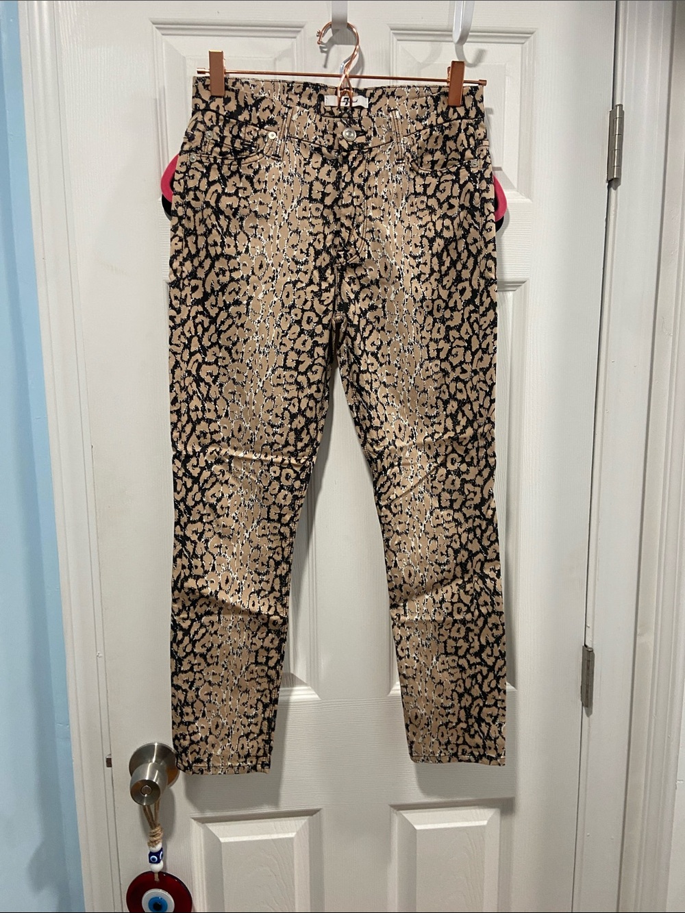7 For All Mankind Metallic Leopard Print Skinny Jeans - Black & Tan